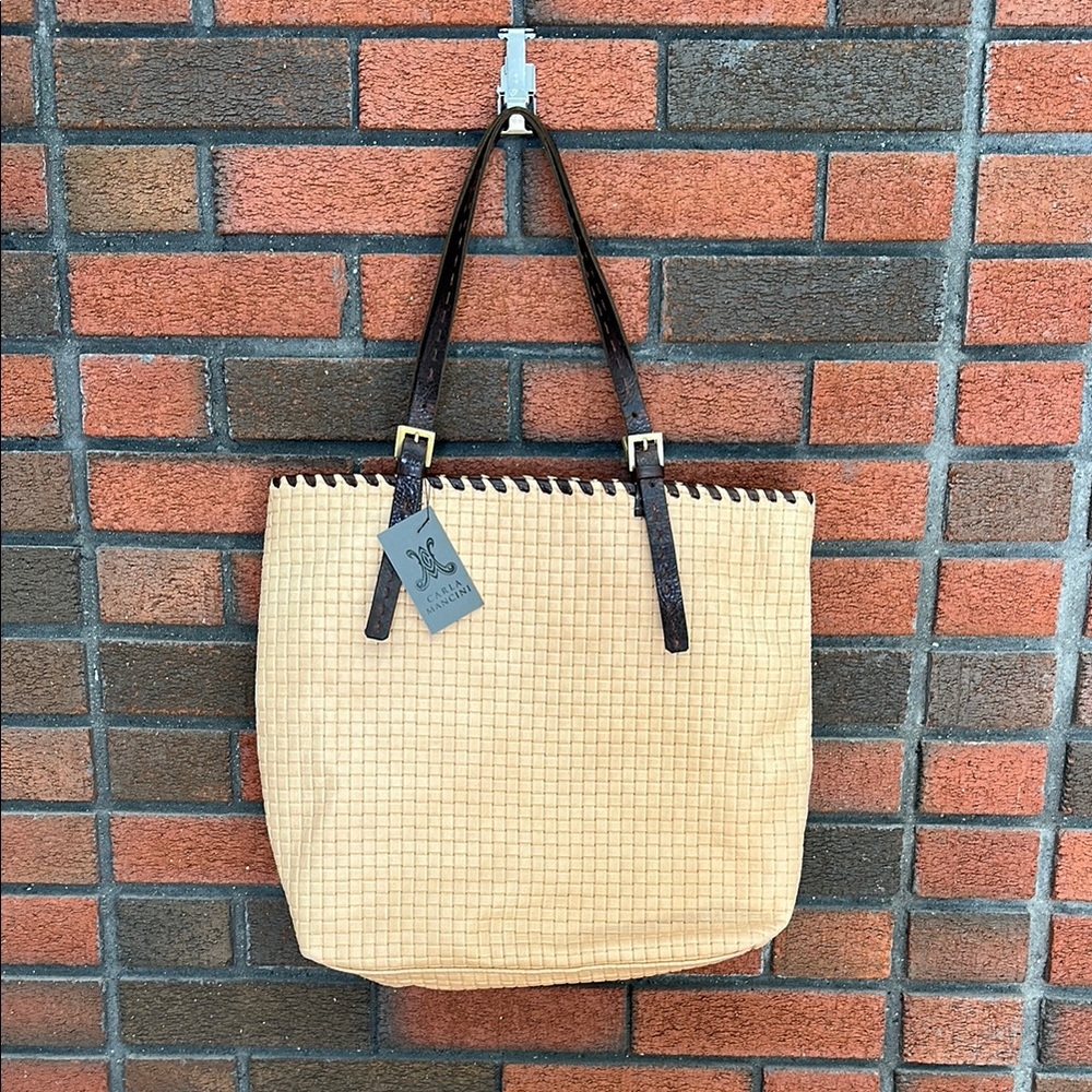 NWT Carla Mancini Tan Whip Stitch Leather Tote Bag